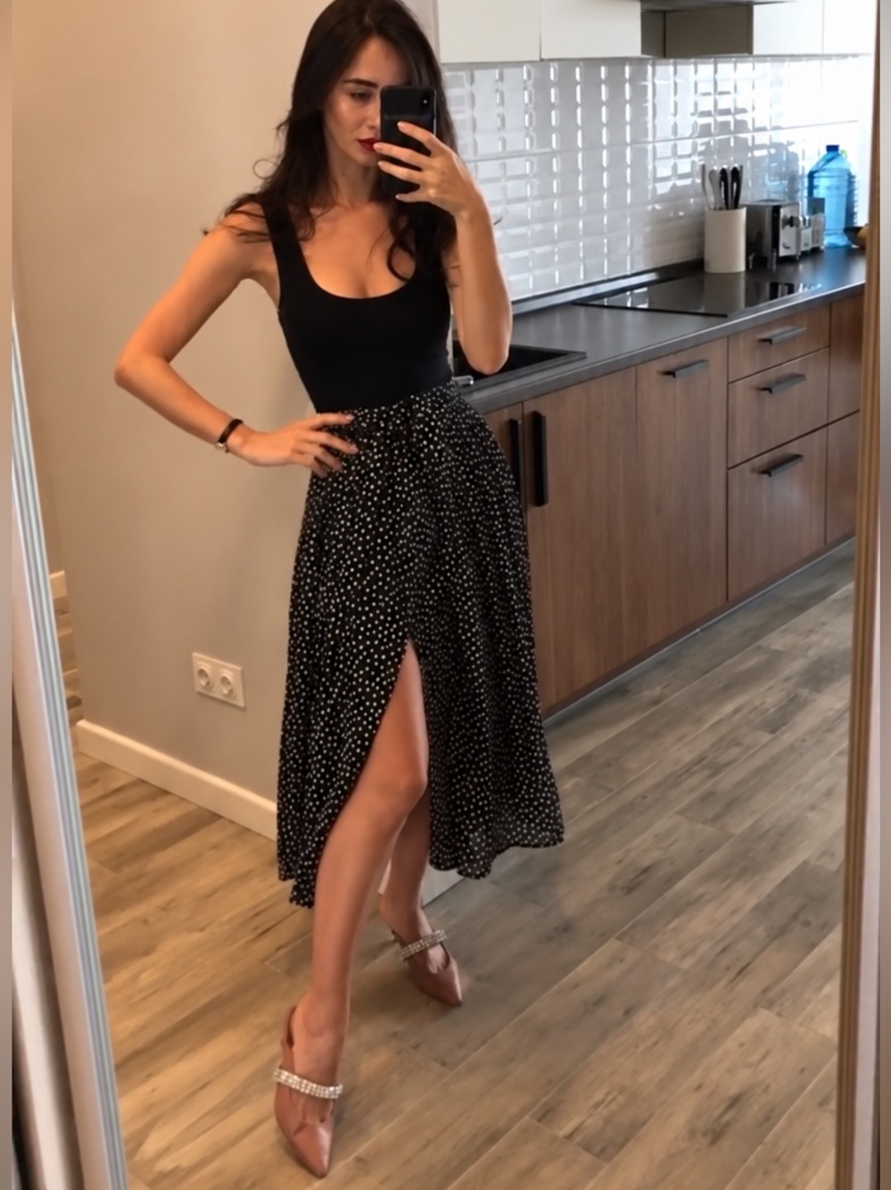 Zara Black Polka Dot Midi Skirt with Front Slit, Sz M